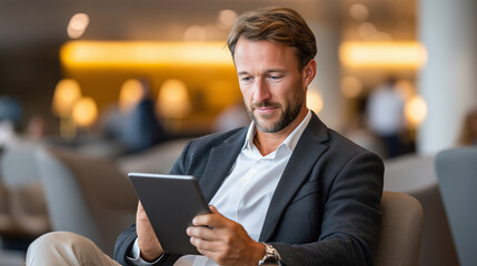 Handsome Businessman Working on tablet Computer While Waiting for His Flight on Modern Airport Terminal. Man Sitting in a Boarding Lounge of International Airline with Airplanes Departing, Arriving