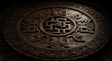 Obraz premium The intricate details of a traditional Tibetan wooden carving, adorned with auspicious symbols