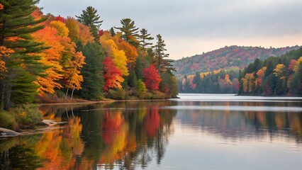 Obraz premium Scenic Autumnal Reflections: Vivid Foliage Colors Reflected in Calm Waters for a Picturesque Landscape View.