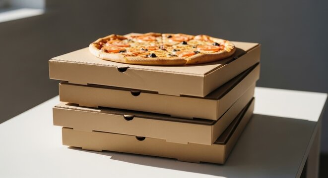 Pizza sits atop stack of pizza boxes, bathed in sunlight