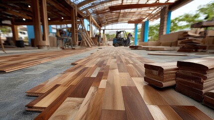 Carpenters laying wood planks in a workshop during the day, surrounded by construction materials and workers