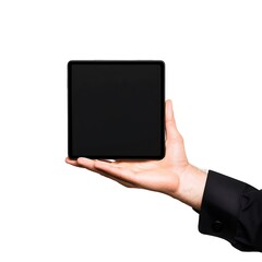 Hand Holding Tablet Computer with Black Screen Display on White Background