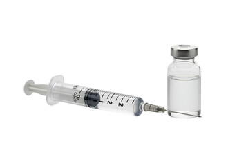 Sterile clear glass medical syringe with needle, calibration markings, and spotless glass pharmaceutical vial on a transparent reflective studio background, concept of medical science and innovation