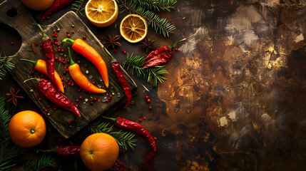 Vibrant chili peppers and oranges arranged with festive pine sprigs create a warm, spicy culinary scene perfect for holidays
