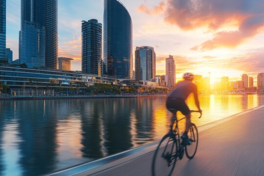 Cyclist Riding by Modern Waterfront at Sunset