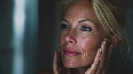 headshot of gorgeous mid age adult 50 years old blonde woman standing in bathroom after shower touching face looking at reflection in mirror doing morning beauty routine older skin care concept no lo