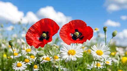 Close up of beautiful chamomile and poppy flowers. Poppies and daisies in the meadow, a spring flowers background. 