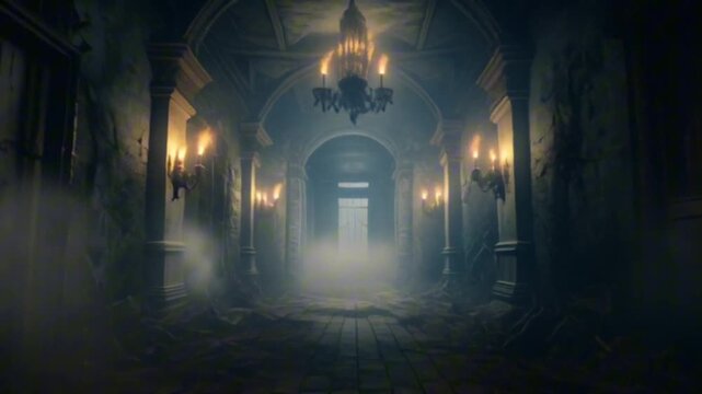 Dark gothic horror mansion interior with flickering lights, eerie shadows, and a chilling atmosphere. Ideal for horror themes.