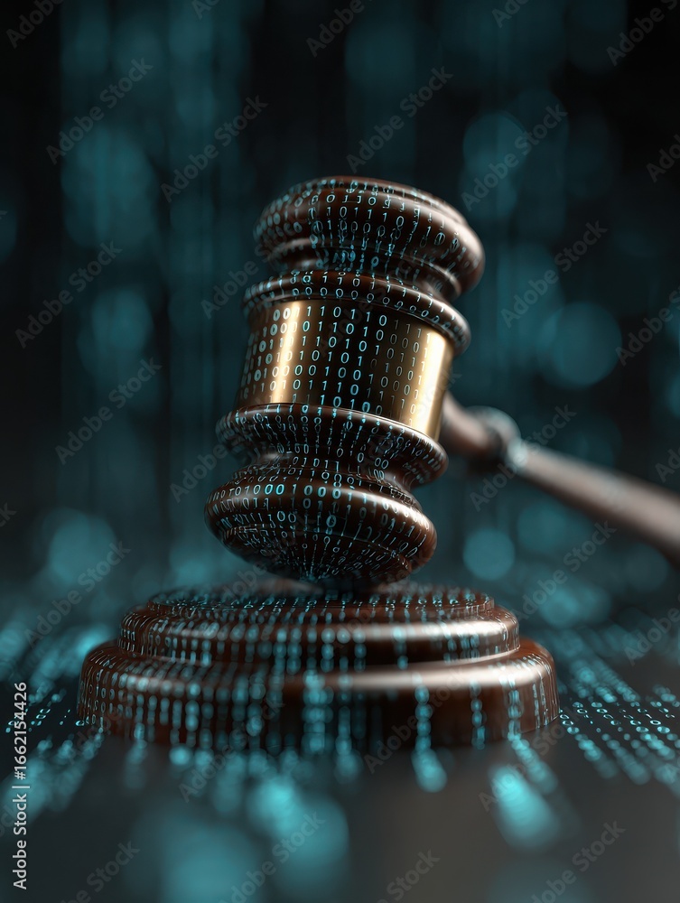 Poster digital gavel over binary code background symbolizing cyber law and data protection in technology in