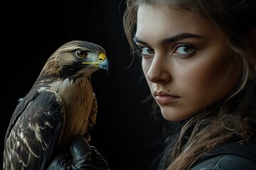Woman with Hawk on Black Background
