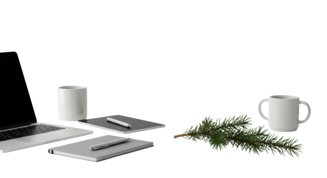 A clean, modern, minimalist workspace desk with a sleek laptop, notebook, pen, and ceramic mug, accented by elegant green foliage, on a professional studio set. Concept of biophilic design