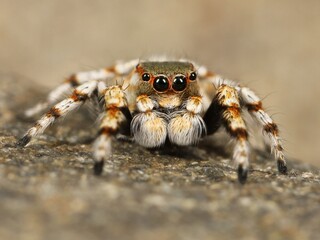 Adorable jumping spider stares intently with its multi-faceted eyes in detail