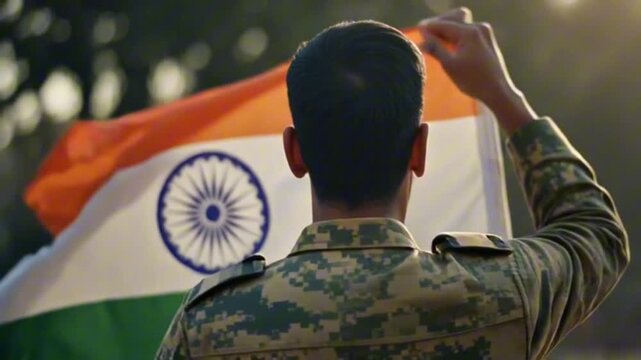 Inspirational cinematic close-up of a soldier saluting in front of the Indian flag, symbolizing patriotism, bravery, and national unity.