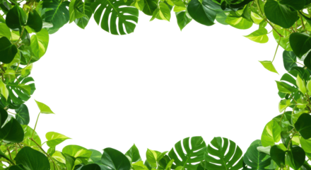 Vibrant green pothos, monstera, philodendron leaves elegantly arching, framing a transparent copy space with soft high-key lighting, concept of natural vitality and sustainability