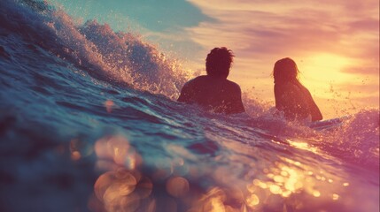 fit couple surfing at sunset  surfers friends having fun inside ocean  extreme sport and vacation concept  focus on man head  original sun color tones no logos no brands ar 169