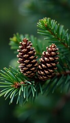Twin pine cones nestled amongst dark green pine needles on a sturdy branch , nature, close-up, detail