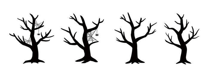 Set of Halloween dead tree hand drawing.
dead tree and spider black silhouette vector art, Icons, and graphics.
White background.