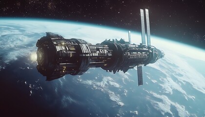 Obraz premium Futuristic Spaceship Above Earth's Atmosphere with Detailed Surface and Stars