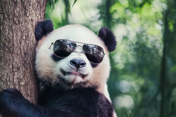 Obraz premium Panda Wearing Sunglasses in Bamboo Forest