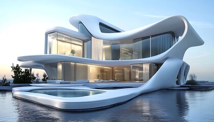 Futuristic White Architecture with Infinity Pool and Modern Design Elements