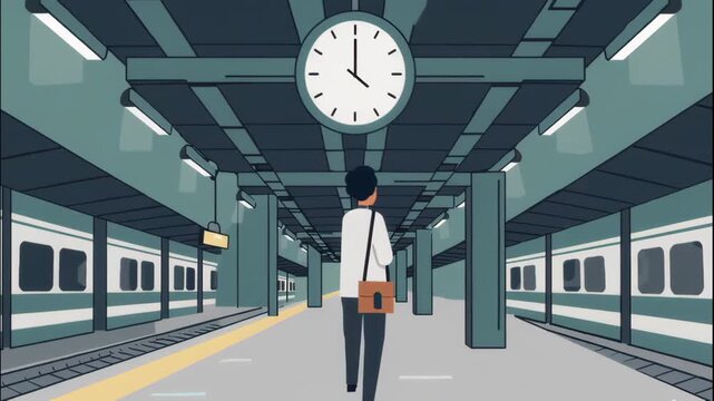 Man with bag at train station looking at clock on ceiling waiting for train arrival time