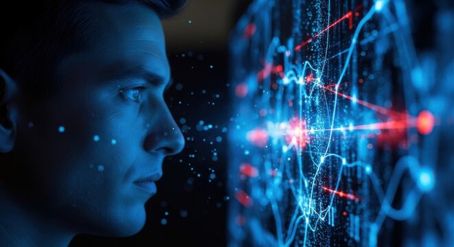 Man Gazing at Futuristic Data Visualization with Glowing Particles