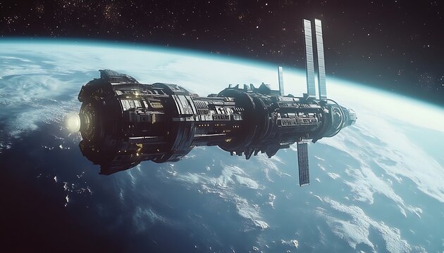 Futuristic Spaceship Above Earth's Atmosphere with Detailed Surface and Stars - Powered by Adobe