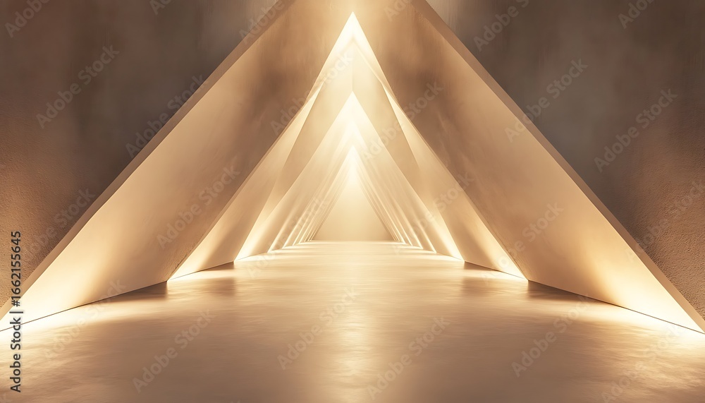Poster geometric hallway with triangular openings and shining light from the end of tunnel