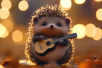 Hedgehog Playing Tiny Guitar, fanny animals concept
