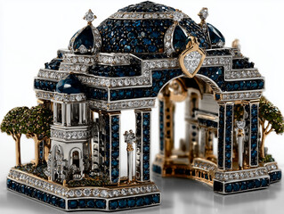 a David yurman style pendant of a landscaping arch that is supported by two columns and detailed with pave cobalt gemstones and diamonds with a centrally set bail