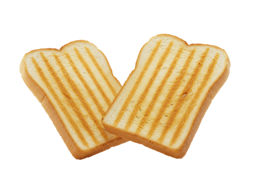 Two perfectly toasted golden-brown white bread slices with grill marks, levitating against a transparent background with soft high-key lighting, concept of wholesome simplicity