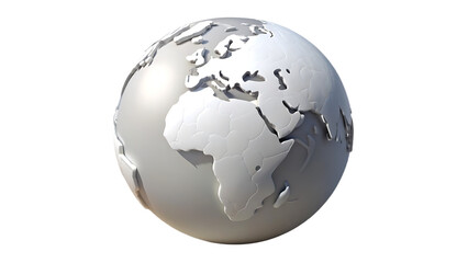Fototapeta premium Silver globe isolated on transparent background, showcasing continents like africa, europe, and asia, ideal for illustrating global themes and geographical concepts in a clean style