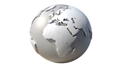 Silver globe isolated on transparent background, showcasing continents like africa, europe, and asia, ideal for illustrating global themes and geographical concepts in a clean style