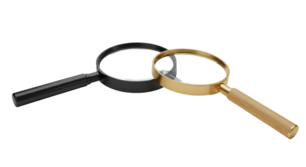 Two modern magnifying glasses, one black, one wood, overlapping on a transparent studio surface with brilliant reflections, concept of precision and analytical insight