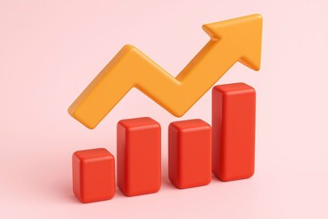 3d orange arrow graph showing upward trend over red bar chart on light pink background
