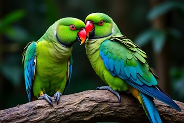  two green parrots with bright red beaks touching heads on a textured tree branch, close up