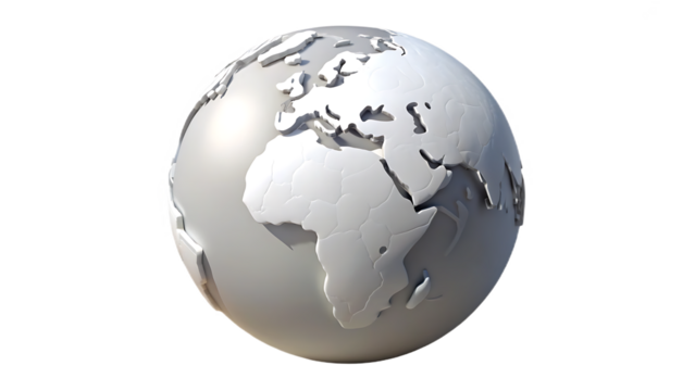 Silver globe isolated on transparent background, showcasing continents like africa, europe, and asia, ideal for illustrating global themes and geographical concepts in a clean style - Powered by Adobe