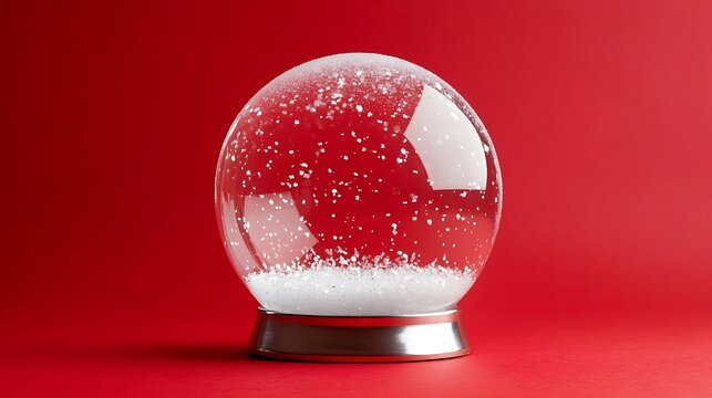 Glass Snow Globe with White Snow Flakes and Silver Base on Red Background - Powered by Adobe