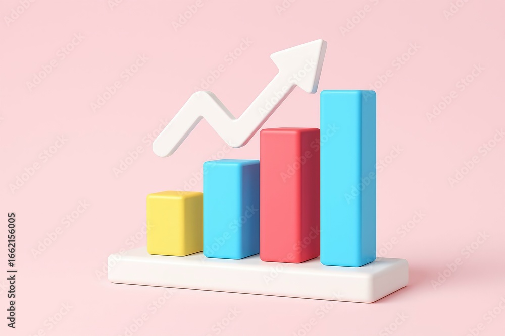 Poster 3d rendering of a colorful bar graph with an upward trending arrow indicating financial growth and s