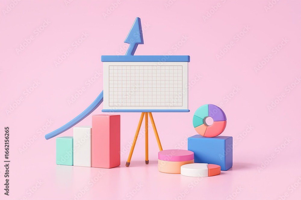 Poster creative 3d illustration of financial data visualization with charts and graphs on a pastel backgrou