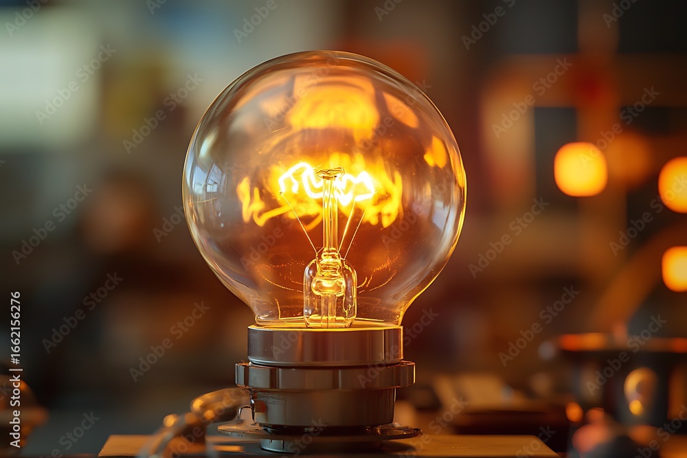 Poster glowing filament light bulb with warm illumination in a blurred workshop setting