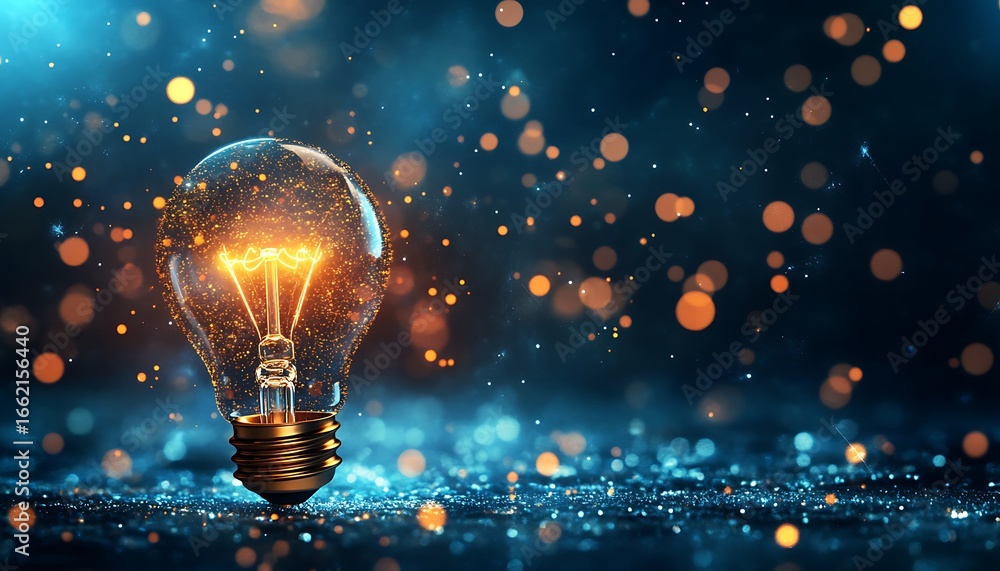 Poster Glowing Lightbulb on Glittering Blue Background with Sparkles and Bokeh Lighting