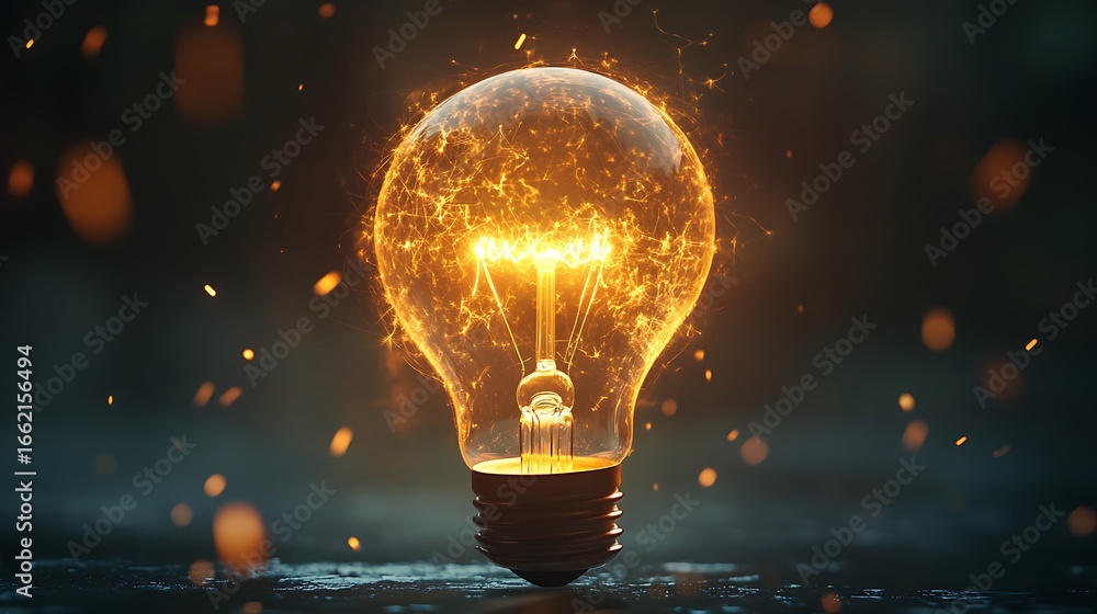 Poster glowing lightbulb with bright filament and sparkles on reflective surface