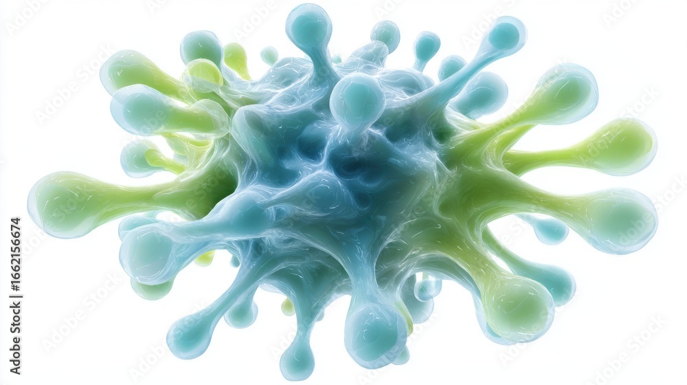 Poster a vibrant, abstract representation of a microbial structure, showcasing fluid shapes and colors in a