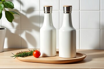  two white ceramic bottles with wooden caps, a cherry tomato, and rosemary on a wooden tray