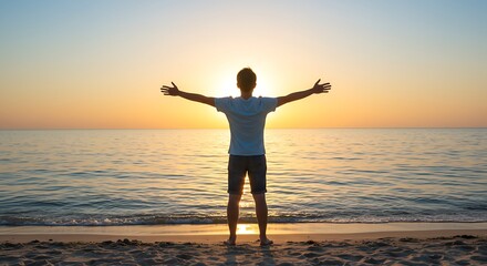Fototapeta premium Young man arms outstretched by the sea at sunrise enjoying freedom and life, people travel wellbeing concept