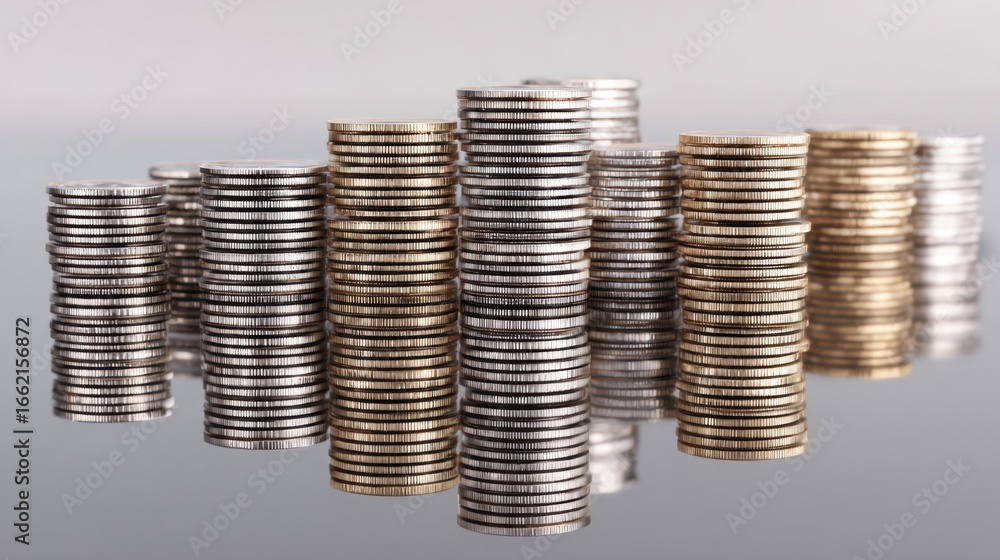 Poster a collection of stacked coins of various heights, reflecting light, arranged in a visually appealing