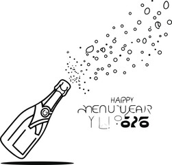 Happy New Year champagne bottle popping minimalist line art, cork flying, bubbles rising, isolated vector on white background