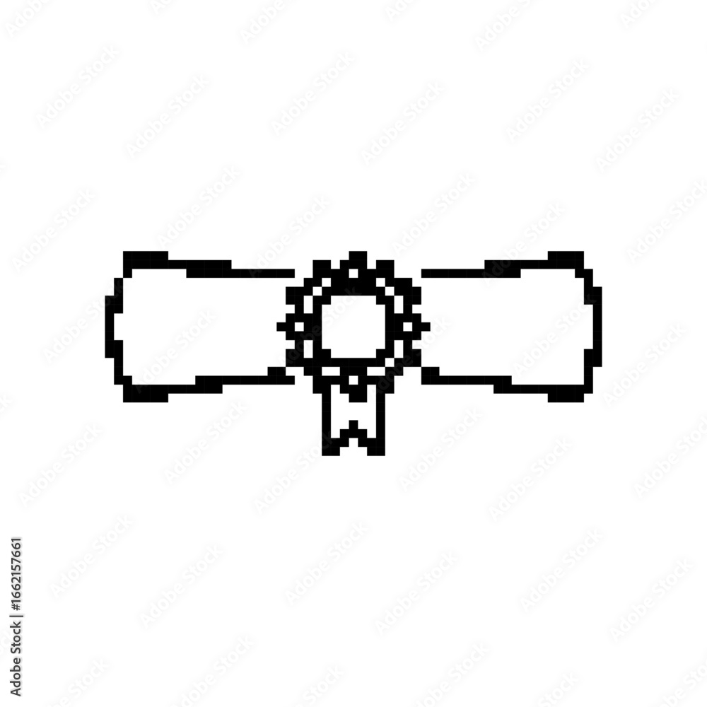 Poster a minimalistic pixelated scroll with a seal in black and white. historic and classic design style.