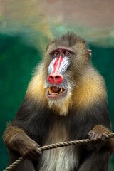 Intense mandrill portrait showcases vibrant colors and captivating detail